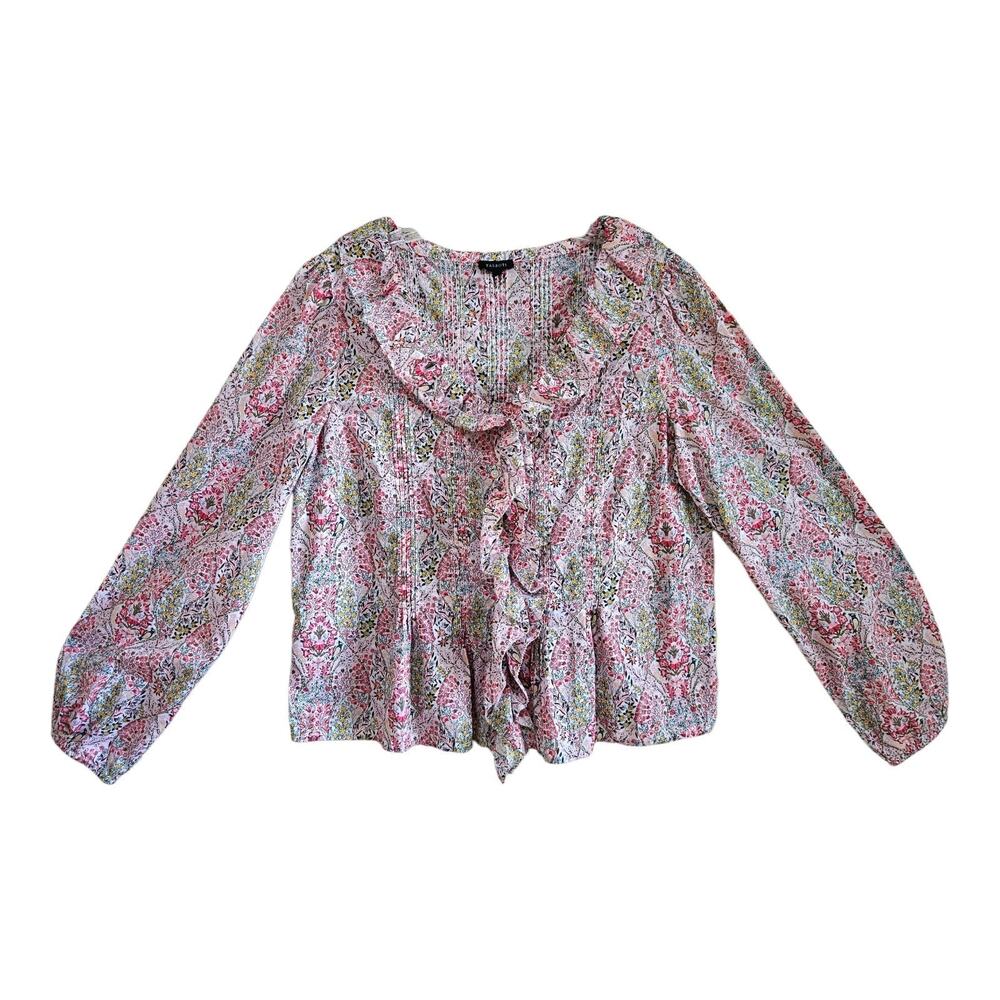 TALBOTS Women's L Blouse Multicolor Floral Ruffle Trim Button Up Cotton 42"